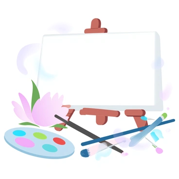 A blank canvas is set on an easel, spacious and unmarked. Surrounding the canvas, a palette is filled with vibrant colors, showing shades of pink, red, and green. There are several protea flowers lying on the table beside the canvas, showcasing their unique shapes and textures. A few paintbrushes are scattered around, some with paint on the bristles, indicating readiness for the artistic process. The lighting casts soft shadows, enhancing the scene's depth and inviting creativity.