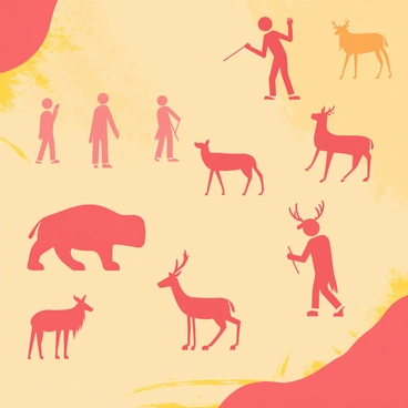 Cave walls are adorned with ancient paintings featuring figures and animals. The figures are depicted in various poses, showcasing human-like shapes in a hunting scene. Animals, such as bison and deer, are illustrated in a dynamic style, emphasizing movement. The color scheme consists primarily of "red ochre," giving the scene a warm, earthy tone. The textures of the cave surface are visible, adding depth and authenticity to the artwork. 