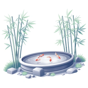 A tranquil koi pond is centered in the image, with several koi fish swimming gracefully through the water. The pond is bordered by lush bamboo stalks, their tall green leaves gently swaying in a soft breeze. The bamboo creates a natural enclosure around the pond, enhancing the sense of seclusion in this serene oasis. The ground is covered with smooth stones and patches of grass, complementing the peaceful atmosphere of the scene.