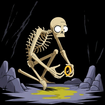 Gollum is depicted in a dark cave, his thin, skeletal figure hunched over. He holds the "One Ring" tightly in his gnarled hands, with his large, bulging eyes focused intently on it. The cave is rocky and uneven, with shadows casting around him. Dim light filters in from above, highlighting the contours of his face and the glimmer of the ring. Piles of scattered stones and a small pool of murky water can be seen in the background, adding to the cave’s eerie atmosphere.