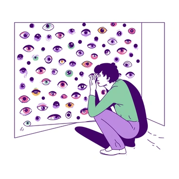 A person is crouching down, peeking through their fingers with a look of curiosity. The fingers are spread apart, creating a small opening to view a wall that is completely covered in painted eyes. Each eye has unique colors, patterns, and sizes, creating a vibrant display. The eyes seem to follow the person, adding an element of intrigue to the scene. The background consists of a smooth and neutral surface that contrasts with the colorful eyes on the wall.