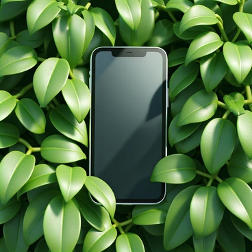 A sleek digital device featuring a modern design with a glass screen and metallic edges. It is positioned in the center of the image, partially concealed by an array of vibrant green leaves. The leaves vary in size and shape, showcasing different species, and they create a lush, natural frame around the device. Sunlight filters through the leaves, casting soft shadows and highlighting the device's reflective surface. The overall composition conveys a sense of harmony between technology and nature.