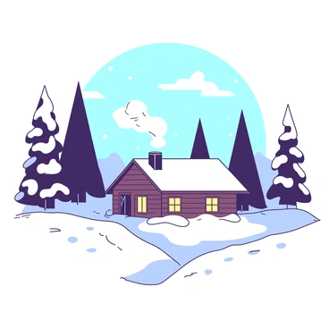 A white winter landscape features tall, snow-covered trees standing majestically. In the foreground, there is a cozy cabin made of dark wood with smoke gently rising from the chimney. The cabin windows are warmly lit, creating a contrast against the white snow. The ground is blanketed with fresh snow, and a few delicate snowflakes are falling from the sky. In the distance, a clear blue sky can be seen, enhancing the tranquil atmosphere of the scene.