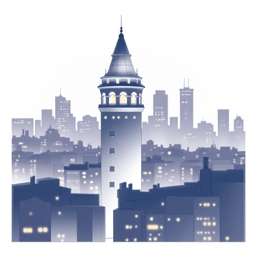 A tall, cylindrical tower with a conical roof, standing prominently in the skyline of a city. The structure features arched windows and decorative stonework. Surrounding the tower are various buildings and city lights that create a vibrant urban atmosphere. The tower emits a soft glow, highlighting its architectural details against the dark sky. The scene captures the essence of a bustling city at night, with shadows and silhouettes of nearby structures contrasting with the illuminated tower.