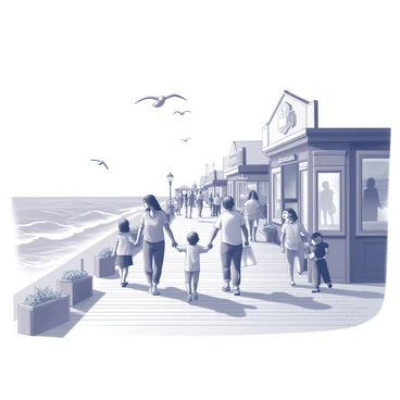 A seaside boardwalk lined with various shops and eateries. Families are walking along the boardwalk, some holding hands, and others carrying bags filled with purchases. Children are laughing and playing, enjoying the vibrant atmosphere. The boardwalk is made of wooden planks, and there are decorative elements such as lanterns and planters. In the background, the ocean waves are visible, gently lapping at the shore. A couple of seagulls are flying overhead, adding to the lively scene.
