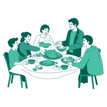 A family at a dinner table passing dishes to one another