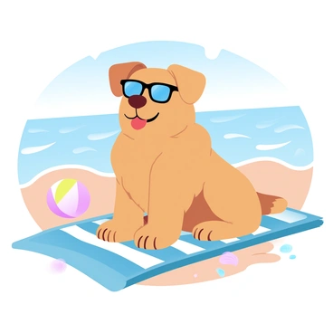 A dog with a golden coat is sitting on a colorful towel spread out on the sand at the beach. The dog is wearing stylish sunglasses that reflect the sunlight. In the background, gentle waves are lapping at the shore, and a bright blue sky is visible above. A beach ball in vibrant colors is placed nearby on the sand, and a few seashells are scattered around the towel.