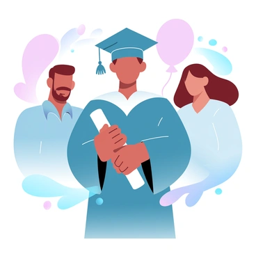 A child wearing a graduation cap and gown is standing proudly in the center. The gown is flowing and has a shiny texture, while the cap sits snugly on the child's head. The child is holding a diploma rolled up with a ribbon tied around it. On either side of the child, there are two parents. One parent is wearing a dress shirt and the other is in a blouse, both displaying joyful expressions. Behind them, a colorful backdrop with balloons and streamers adds to the celebratory atmosphere.