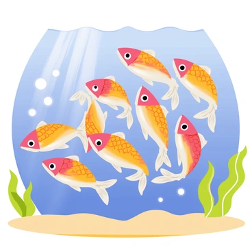A group of colorful piranhas is swimming in a spiral formation underwater. The piranhas have distinct scales that shimmer in shades of orange, red, and silver. They are arranged closely together, creating a swirling pattern as they move in unison. Bubbles are rising around them, and faint rays of light penetrate the water, illuminating their vibrant bodies. The underwater environment includes soft green aquatic plants and a sandy bottom, enhancing the scene.