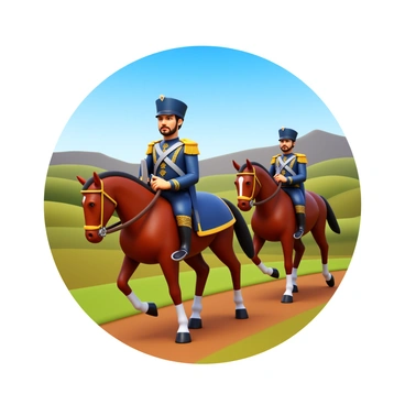 Mier y Teran, a historical figure, rides a brown horse, wearing a traditional military uniform with ornate details. He is accompanied by a small military escort, consisting of two soldiers on horseback, dressed in similar uniforms. The soldiers maintain a vigilant posture, with one soldier holding a sword at his side while the other has a rifle slung over his shoulder. The background features a landscape of rolling hills and a clear blue sky. Mier y Teran has a focused expression, looking ahead as they trot along a dirt path.