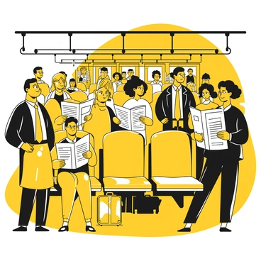 A packed commuter train filled with people standing closely together. Some individuals are reading newspapers, holding them open with both hands. The train interior features overhead handrails and seats, with a few passengers sitting down, their belongings placed beside them. People are dressed in business attire, including suits and dresses, while others are in casual clothing. The expression on their faces varies, with some looking focused on their reading, while others glance around the train. The atmosphere is busy, and the space is filled with the sense of commuting during rush hour.