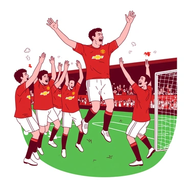 A red Manchester United player with a beaming smile is jumping in the air after scoring a goal. Surrounding him are teammates in red jerseys, all displaying expressions of joy and excitement. One player is raising his arms in triumph, while another is clapping his hands together in celebration. They are on a bright green soccer field, with the goalpost visible in the background. The atmosphere is filled with energy as a few fans in the stands can be seen cheering enthusiastically.