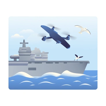 A navy drone with a sleek, dark blue body is shown lifting off from the deck of an aircraft carrier. The carrier is large and gray, with a prominent flight deck and various equipment scattered around. In the background, the vast open sea stretches out under a clear blue sky. Gentle waves are visible on the water's surface, reflecting the sunlight. Seagulls can be seen flying nearby, adding to the maritime scene. The drone's rotors are spinning rapidly, creating a slight blur, indicating its ascent into the air.