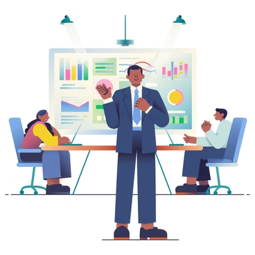 An executive with dark skin and short black hair is standing confidently in front of a large screen displaying colorful charts and graphs. The executive is dressed in a tailored navy blue suit and holding a remote in one hand. The background features a modern conference room with sleek furniture, and there are several attentive colleagues seated at a long wooden table in front of the screen. Bright overhead lights illuminate the room, enhancing the professional atmosphere.