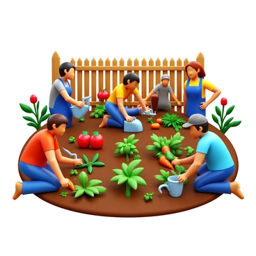 A diverse group of neighbors working together in a community garden. They are planting various vegetables such as tomatoes, carrots, and peppers, as well as herbs like basil and parsley. Some individuals are kneeling in the soil, while others are using gardening tools like trowels and watering cans. The garden is filled with vibrant green plants, colorful flowers, and a rustic wooden fence in the background. There are also small garden labels indicating the different plants. Each person is focused on their task, demonstrating a sense of cooperation and community spirit.