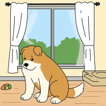 A medium-sized dog with a brown and white coat is sitting on a light wooden floor. The dog's ears are perked up, and its large, expressive eyes have a sorrowful gaze, reflecting a feeling of longing. The dog is positioned next to a large window with sheer white curtains gently blowing in the breeze. Outside the window, there are green trees and a blue sky, but the dog’s focus is directed inward. The interior of the room is cozy, with a plush dog bed nearby and a few scattered toys on the floor.