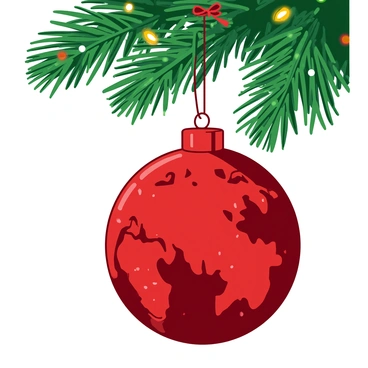 A red Christmas tree ornament shaped like a small globe hangs delicately from a branch of a lush green Christmas tree. The ornament features intricate details, including a map design etched into its surface, showcasing continents in contrasting colors. Tiny sparkles and glitters reflect the light, giving the ornament a festive shine. Below the ornament, the branches of the tree are adorned with twinkling white fairy lights and other colorful decorations, creating a warm and inviting holiday atmosphere.