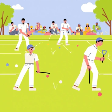 A competitive croquet tournament taking place on a vibrant green lawn. Several players are positioned with mallets, intensely focused on hitting their balls through the hoops. The players are dressed in crisp white uniforms, showing determination on their faces. In the background, a diverse group of spectators is gathered, sitting on colorful blankets and holding refreshments, watching the match closely. Colorful croquet balls and bright white hoops are scattered throughout the field, creating an energetic atmosphere. A clear blue sky overhead complements the lively scene.