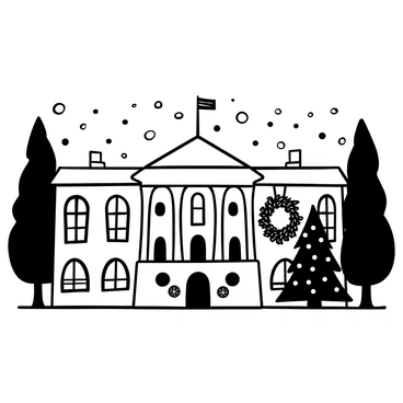 The White House is adorned with numerous string lights, creating a festive atmosphere. Large holiday wreaths, intricately decorated, hang on the doors and windows. Snowflakes fall gently around the building, adding to the wintery scene. Tall pine trees, also draped in lights, flank the entrance, while a large Christmas tree stands prominently on the front lawn, decorated with ornaments. The overall composition conveys a celebratory mood, capturing the essence of the holiday season.