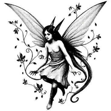 A whimsical faerie with delicate wings is hovering in the air, her long flowing hair intertwining with the surrounding flora. She has pointed ears and a gentle expression on her face. The intricate floral designs around her are detailed and stylized, featuring elegant swirls and curves, with various shapes of leaves and petals branching out. The faerie's dress blends naturally with the floral patterns, creating a harmonious interaction between her figure and the intricate designs surrounding her.
