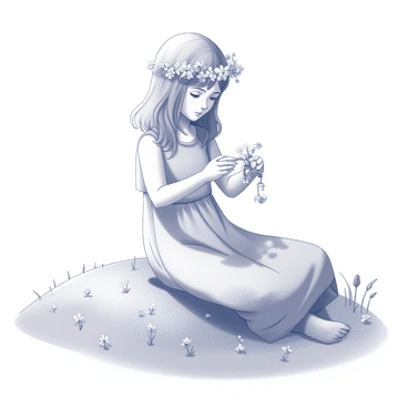 A young girl weaving a crown of flowers while sitting on a grassy hill