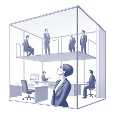 A woman standing in an office space, looking up towards a glass ceiling. She is wearing business attire, with her hair neatly styled. The office environment is modern, with sleek furnishings, and various office equipment visible in the background. Above her, several men are positioned on a higher floor, engaged in conversation and wearing suits. The glass ceiling creates a transparent barrier between the two levels, allowing visibility of the men while the woman gazes upwards with a contemplative expression.
