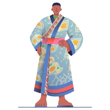 A person with a medium complexion is standing confidently, dressed in traditional cultural attire. The clothing features intricate patterns and vibrant colors, showcasing unique textiles that reflect heritage and tradition. The outfit includes a long, flowing robe adorned with geometric designs in shades of blue, red, and gold. In the foreground, the person’s accessory, a beautifully patterned scarf, is draped elegantly around their neck. The background is softly blurred to emphasize the stunning details of the attire.