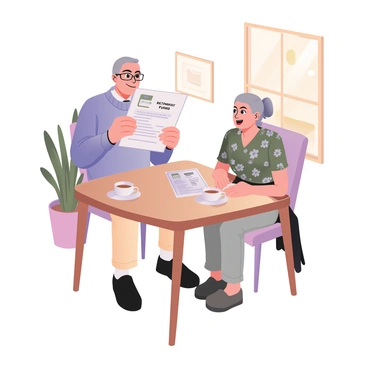 An elderly couple is seated at a table in a cozy, well-lit room. The man on the left has gray hair and is wearing reading glasses, dressed in a light blue sweater and beige trousers. He is smiling as he holds a stack of documents labeled "Retirement Fund Statements". The woman on the right has her hair styled in a bun and is wearing a floral blouse and light gray slacks. She is looking at the documents with a joyful expression, her hands resting on the table. There are two cups of coffee on the table beside them, and a potted plant is visible in the background. A window shows a sunny day outside.