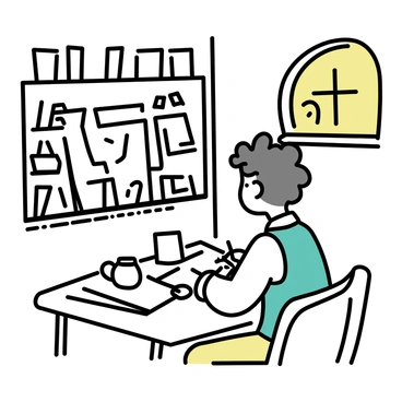 A hobbit with curly brown hair is sitting at a small wooden table in a cozy corner of Bag End. He is wearing a simple green vest over a white shirt and is intently studying several maps and scrolls spread out before him. The walls of the corner are lined with bookshelves filled with various books and trinkets. A warm, inviting light is coming from a small window, illuminating the scene. The hobbit has a quill in hand, making notes on a piece of parchment while a teapot sits next to him on the table. A comfortable armchair can be seen nearby, adding to the coziness of the setting.