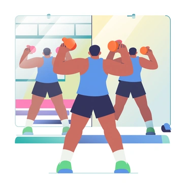A person with medium skin and short black hair is performing kettlebell swings in front of a funhouse mirror. They are wearing a bright blue tank top and black athletic shorts. The kettlebell is a vibrant orange, and they are swinging it with both hands above their head. The funhouse mirror is creating distorted reflections, making the person appear elongated and exaggerated in various amusing ways. The background features a colorful gym setting with exercise mats and weights scattered around.