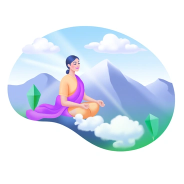 A yogi sitting in a cross-legged position on a mountain top with a peaceful expression. The yogi is wearing traditional flowing attire in soft colors. Surrounding the yogi are fluffy white clouds that softly envelop the mountain peak. In the background, there are distant mountain ranges under a bright blue sky. The scene conveys a sense of tranquility and mindfulness, with gentle rays of sunlight breaking through the clouds.
