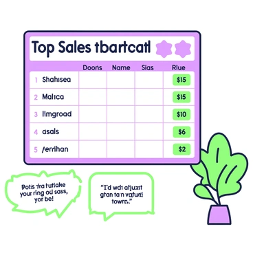 A large office leaderboard is mounted on a wall, displaying the names and rankings of the top sales employees of the month. The leaderboard features a grid layout with columns for employee names, sales figures, and ranks. Brightly colored badges are displayed next to the top three names, indicating their positions. Underneath the leaderboard, there are motivational quotes framed in green outlines, encouraging competition and teamwork. On the side, a small potted plant adds a touch of nature to the office environment.