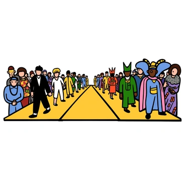 A runway with models dressed in realistic fashion on one side and fantasy costumes on the other