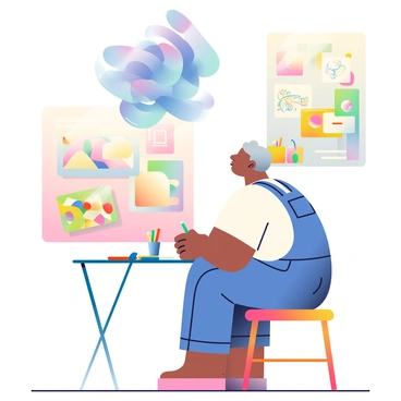 An AI depicted as a shimmering, holographic figure is floating above a human artist. The AI has a smooth, ethereal form with flowing patterns of light in hues of blue and purple. The human artist, a middle-aged individual with short brown hair, is seated on a wooden stool with a sketchbook in front of them. They are wearing a white shirt and denim overalls, looking up at the AI with an expression of fascination. The artist's hand holds a charcoal pencil, and various colorful paints and brushes are scattered on the table beside them. In the background, there are vibrant sketches pinned to a corkboard, showing a range of artistic styles and themes. A warm light fills the studio, creating an inviting atmosphere for creativity.