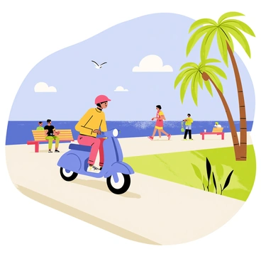 A person wearing a bright red helmet is riding a blue moped along a sunny coastal promenade. The promenade features a light beige pathway bordered by vibrant green plants and palm trees swaying gently in the breeze. The ocean sparkles in the background under a clear blue sky, with a few fluffy white clouds scattered. People are walking along the promenade, some sitting on benches enjoying the view, while a couple of seagulls fly overhead. The scene is lively and filled with a sense of adventure and freedom.
