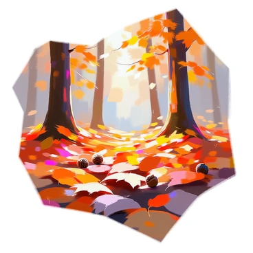 A forest floor covered in vibrant autumn leaves of red, orange, and gold