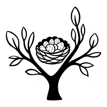 A bird's nest made of scallop shells is positioned on a sturdy branch. The nest contains several speckled eggs nestled within the shells. The branch extends with multiple leaves surrounding the nest, highlighting the natural setting. The overall composition focuses on the intricate details of the scallop shells and the textures of the eggs.