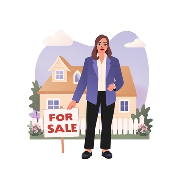 A real estate agent is placing a "For Sale" sign in front of a quaint cottage. The cottage is small, made of light-colored wood with a thatched roof and white trim around the windows. The agent is a middle-aged woman with medium skin and shoulder-length brown hair. She is wearing a navy blue blazer over a white blouse, with black trousers and polished shoes. The "For Sale" sign is white with bold red letters, leaning against a white picket fence that surrounds a small garden filled with colorful flowers. In the background, a clear blue sky and a few fluffy white clouds can be seen.