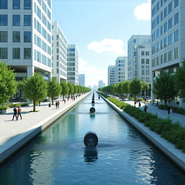 A modern urban canal system with clear water flowing through it, flanked by sleek glass buildings reflecting the sunlight. At various points along the canal, there are hydroelectric turbines installed in the water, designed for efficient energy generation. People are walking along the canal's pathways, some stopping to admire the technology. Green spaces with trees and plants line the banks of the canal, adding a natural touch to the urban environment. In the background, a blue sky with a few fluffy white clouds completes the scene.