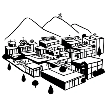 A bird's-eye view of Leh town showing a blend of traditional and modern architecture. Traditional flat-roofed houses made of mud bricks are interspersed with modern buildings featuring large glass windows. The layout of the town includes narrow winding streets, with patches of green from gardens and parks. Rooftops display various elements like antennas and solar panels. In the background, the rugged mountains rise majestically, framing the townscape.