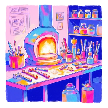 An artisan's workshop features a large, glowing furnace at the center, radiating warm light. Surrounding the furnace are a variety of tools including hammers, chisels, and pliers, each displaying signs of heavy use. The workbench is cluttered with pieces of metal and wood, indicating ongoing projects. Shelves in the background hold jars filled with various materials and finished goods. The walls are adorned with sketches and blueprints, adding to the creative atmosphere of the space.