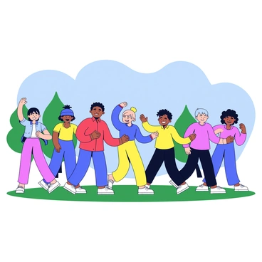 A dance instructor with a bright red shirt is demonstrating a dance move in front of a group of people. The group consists of individuals of various ages and ethnicities, all wearing colorful athletic clothing. They are standing on a grassy area under a clear blue sky. The participants are smiling and following the instructor's movements, arms raised and feet in motion. Some trees are visible in the background, adding to the outdoor setting.