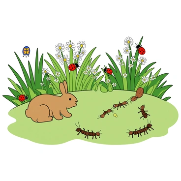 A variety of small insects and animals scattered throughout patches of green vegetation. Several ladybugs with bright red shells and black spots are crawling on vibrant green leaves. A tiny butterfly with colorful wings flits above a patch of blooming flowers. A small brown rabbit sits quietly among the grass, its ears perked up. Ants trail along the ground, navigating through the undergrowth. A colorful caterpillar is inching its way along a stem. The scene is filled with the lush, fresh look of new plant growth, with varying shades of green in the background.