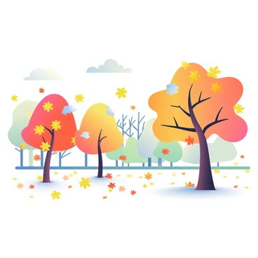 A park scene is depicted with trees shedding colorful autumn leaves in shades of orange, yellow, and red. A few trees are starting to show signs of winter, with patches of white frost developing on their branches. The ground is covered with a blanket of fallen leaves, creating a vibrant mosaic of colors. In the background, a distant row of bare trees can be seen, silhouetted against a pale, cloudy sky. A gentle breeze is swirling the leaves in the air, adding a sense of movement to the scene.