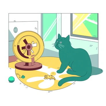 A teal playful cat with bright green eyes is curiously watching a large yellow spinning wheel located in a sunny living room. Sunlight streams through a nearby window, casting a warm glow across the room. The floor is covered with a soft yellow rug. There are a few toys scattered around the cat, including a small yellow mouse and a teal ball. The walls are painted a light color, enhancing the cheerful atmosphere of the space. The cat's ears are perked up, fully focused on the spinning wheel.