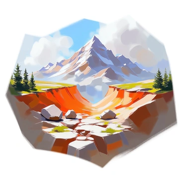 A detailed illustration showing a landscape undergoing uplift due to tectonic plate collision. The scene features a dramatic mountain range with jagged peaks, showcasing varying shades of gray and brown rocks. In the foreground, a valley floor is visible, displaying a mix of grassy areas and rocky outcrops. The sky is filled with clouds, casting shadows over the mountains. The interaction of tectonic forces can be represented by visible cracks in the ground and boulders that have been displaced. On one side, a dense forest of coniferous trees grows on the lower slopes, while the opposite side reveals bare rock faces, highlighting the rugged terrain created by the geological process.