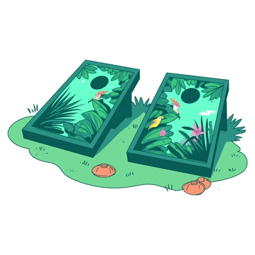 A teal cornhole game setup is positioned on a grassy area, featuring two boards. Each board is decorated with a vibrant rainforest theme, showcasing lush green leaves, colorful tropical flowers, and exotic birds. The boards are glossy, with intricate details of the rainforest life surrounding them. A set of orange bean bags is placed nearby, ready for play. The scene is lively, capturing the essence of a fun outdoor game in a rich, natural environment.