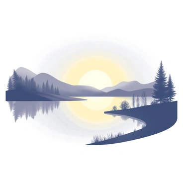 A sunset with a soft gradient transitioning from light to dark. The sun is positioned low on the horizon, casting gentle shadows across the scene. A tranquil lake reflects the colors of the sky, creating a mirror-like surface. The surrounding landscape includes silhouettes of trees and distant hills, enhancing the calm atmosphere. The overall composition captures the peacefulness of the moment, focusing on the interplay between light and reflection.