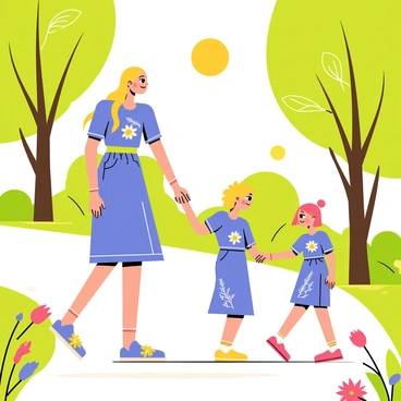 A mother and daughter are walking hand in hand in a park. The mother is wearing a bright blue stylish dress adorned with floral patterns, while the daughter is in a matching smaller version of the dress. They both have long flowing hair, and the mother has a playful smile. Surrounding them are lush green trees with vibrant leaves and colorful flowers blooming along the pathway. The sun is shining, casting soft shadows around them, creating a cheerful atmosphere.
