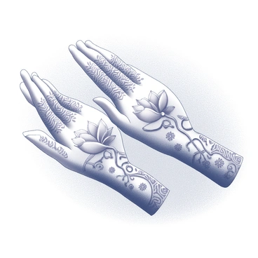 A bride's hands adorned with an intricate mehndi design featuring detailed lotus motifs. The design includes large, blooming lotus flowers placed prominently across the palms, surrounded by delicate vines and paisley patterns. The mehndi extends to the fingers, where smaller lotus elements and intricate filigree patterns intertwine. The overall composition showcases an elegant arrangement of floral and geometric shapes, emphasizing the beauty and complexity of the art. The background features a subtle, textured surface, creating a refined aesthetic for the bridal hands.